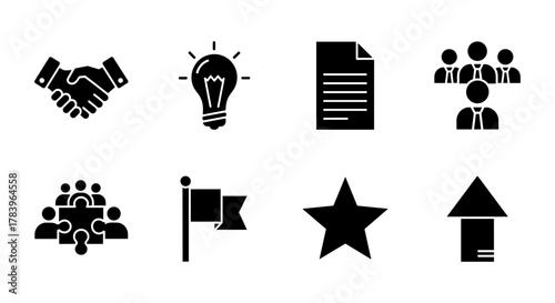 Black silhouette business icons set featuring teamwork and innovation symbols