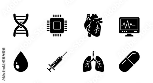 Medical and technology icons: dna, microchip, heart, ecg, syringe, lungs, pill, blood drop