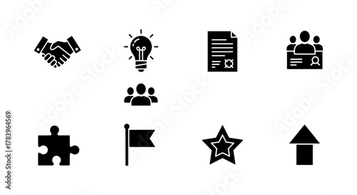 Business icon set: collaboration, innovation, growth, teamwork, and achievement symbols