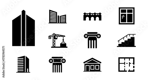 Modern architecture icons: building, construction, and design elements