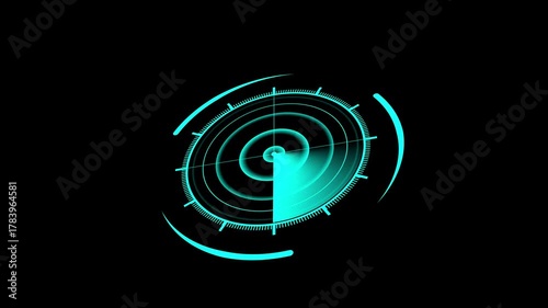Modern radar display tracking unknown objects in real time navigation system. Futuristic cyan radar display scanning with concentric circles and radial markers on a dark