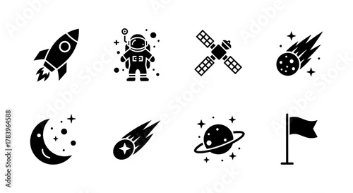 Space exploration icons set featuring rocket, astronaut, and celestial bodies in silhouette style