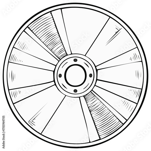 Line art drawing of a classic circular warrior shield with central metal boss and plank details