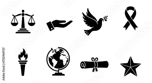 Elegant silhouette icons of justice, peace, awareness, and education