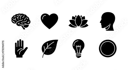 Minimalist icons: brain, heart, lotus, head, hand, leaf, light bulb, circle on white