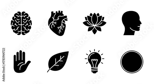 Minimalist black silhouette icons set featuring brain, heart, lotus, leaf, and more