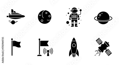 Space icons set: rocket, astronaut, satellite, moon, planet, orbit - silhouette style