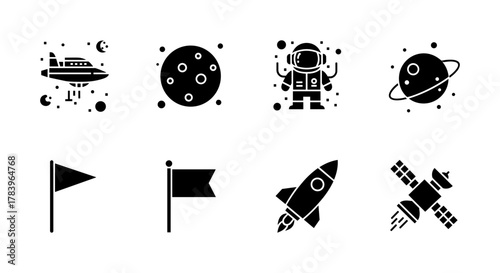 Silhouette icons of space adventure: planets, rocket, astronaut, satellite, and flags