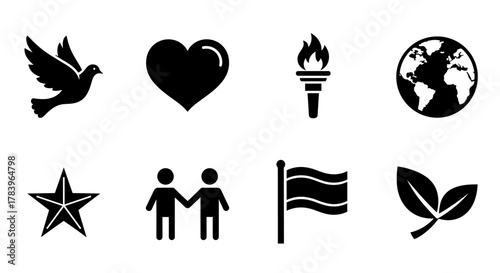 Icon set with dove star globe torch heart flag leaf people silhouettes