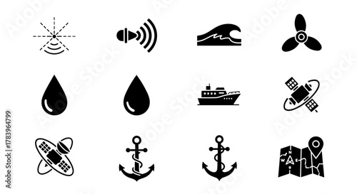 Nautical and marine icons: waves, anchors, and navigation symbols in bold silhouette style