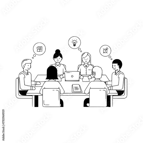 Diverse smiling business professionals effectively collaborating in a modern office boardroom meeting featuring thought bubbles a laptop and documents for a teamwork landing page illustration