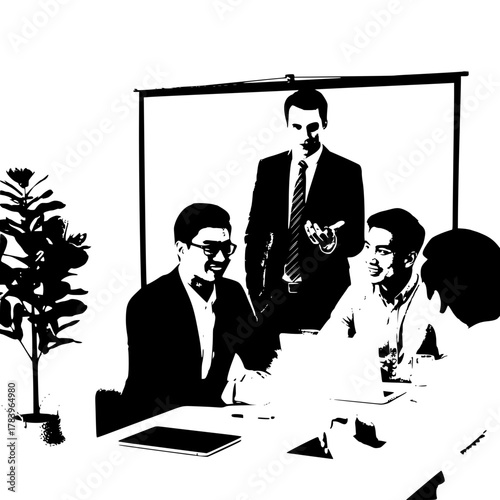 Diverse male business team actively discussing strategy in a bright modern meeting room with a projector screen professional collaboration illustration for a landing page