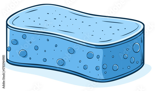 Blue cartoon sponge with bubbles for cleaning and scrubbing