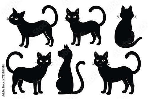 Six stylized black cat silhouettes with various poses show Halloween's mystical charm and elegance