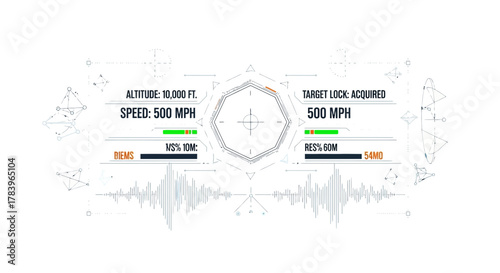 Futuristic HUD Interface Display with Target Lock and Speed Data, Streamlined Design for Gaming and Technology Visuals, Original Scalable Vector Graphic