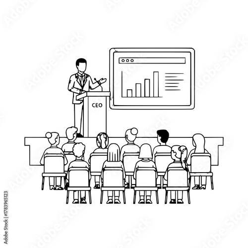 Professional male business speaker delivering a presentation to an attentive diverse audience at a corporate conference featuring financial data on a large screen