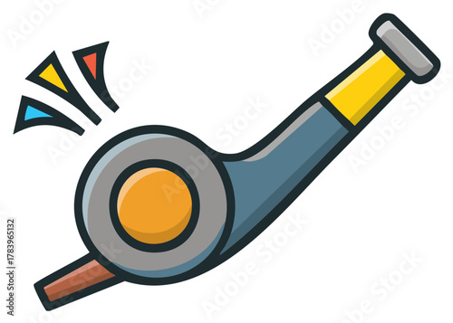 Cartoon whistle blowing with colorful sound waves indicating a loud signal for sports or warning