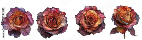 Four dried roses in various stages of decay, isolated on transparent background