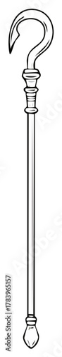 Ornate hooked staff black and white line art illustration of a classic cane or shepherd crook