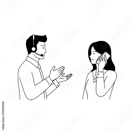 Professional male customer service agent and female client communicating actively in a clean outline illustration on a minimalist white background representing online assistance concept