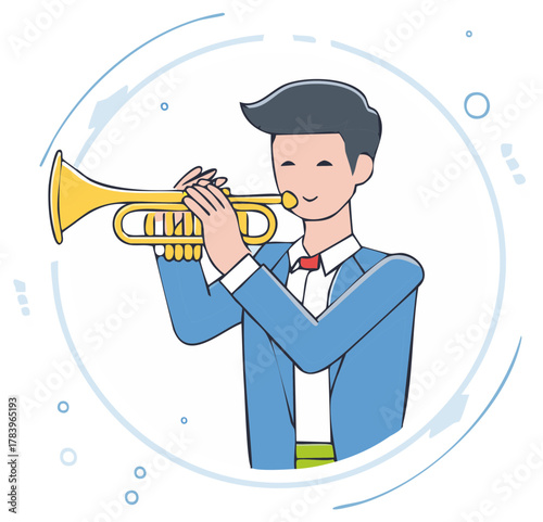Smiling musician playing brass trumpet instrument in a blue suit flat vector cartoon illustration