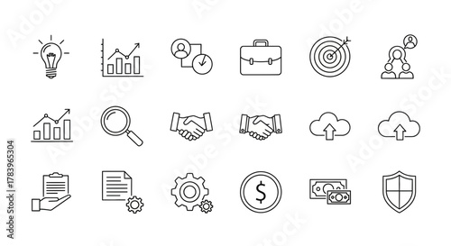 Modern business icons representing innovation, teamwork, strategy, and growth, perfect for presentations, websites, and marketing materials, scalable design