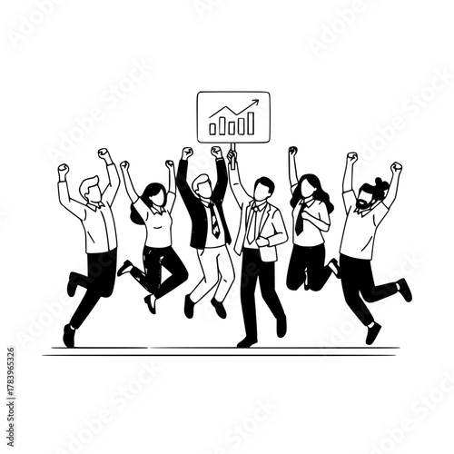 Diverse joyful professional business team jumps celebrating achievement displaying market success in a clear line art illustration for a landing page