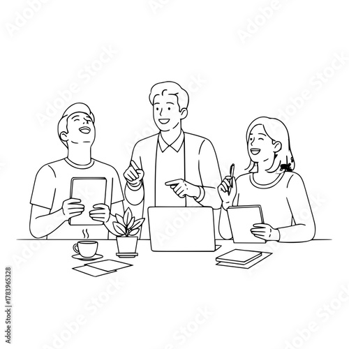 Three happy diverse colleagues collaborating and laughing together at an office meeting table with modern technology and stationery promoting teamwork success landing page illustration