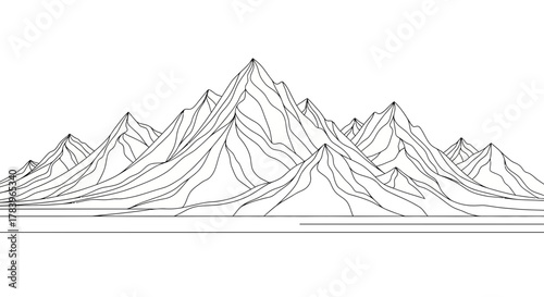 Dramatic mountain range line art illustration for adventure themes, perfect for logos, posters, and minimalist designs conveys serenity and natural beauty