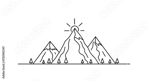 Stunning mountain range line art with minimalist sun and trees for branding, logos, and nature-inspired designs; originally created as scalable vector art