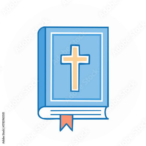 Illustrated book with a cross on the cover and a bookmark, vector illustration.