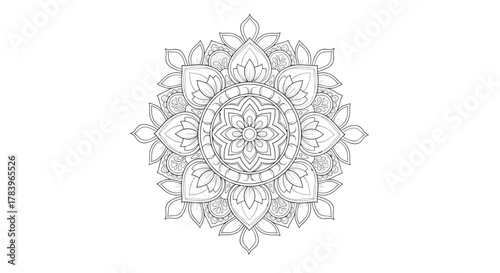 Intricate floral mandala design element, perfect for coloring books, tattoo art, and sophisticated creative projects, with a calming and meditative aesthetic