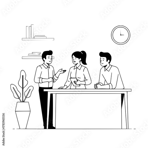 Three professional colleagues collaborating and discussing in a minimalist modern office workspace meeting a business concept illustration for a landing page