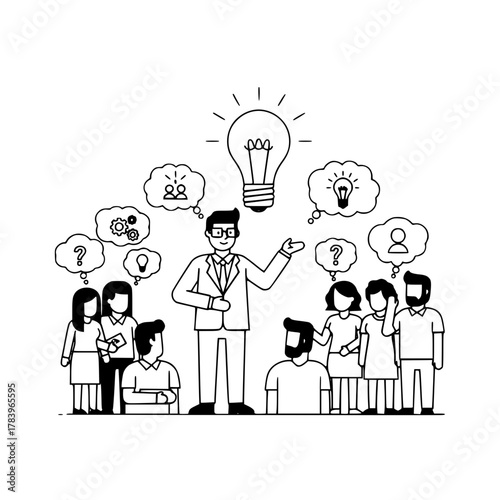 Dynamic landing page graphic showing diverse business professionals brainstorming ideas in a collaborative meeting with a presenter guiding innovation