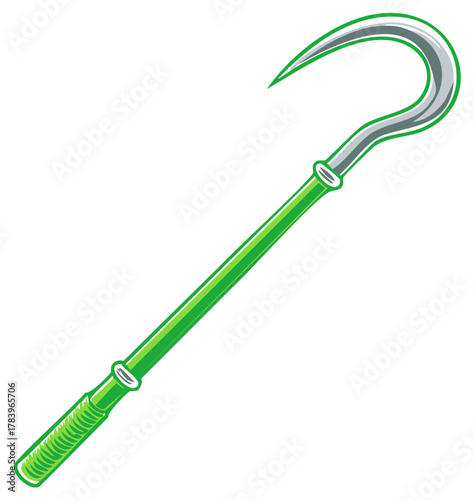 Cartoon illustration of a long green pole with a sharp metallic hook shaped like a question mark.