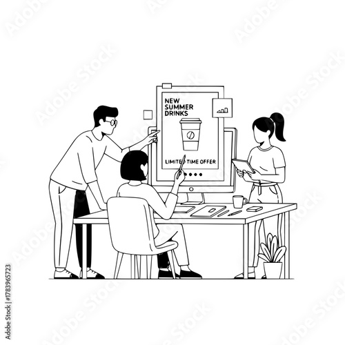 Three diverse marketing professionals collaborating on a new summer drinks digital landing page illustration design in a modern office workspace