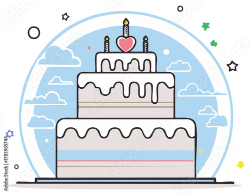 Cute cartoon birthday cake with heart topper and lit candles on a dreamy cloud background illustration