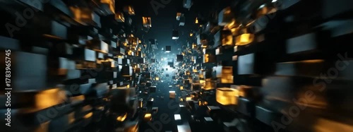 Abstract Digital Tunnel With Glowing Cubes And Bright Light Effect In Dark Space