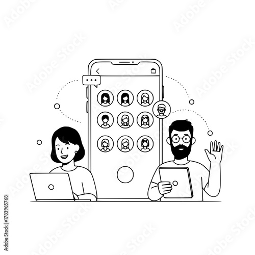 Smiling happy diverse professionals participating in a virtual meeting against a large smartphone display depicting online conference participants emphasizing global digital collaboration