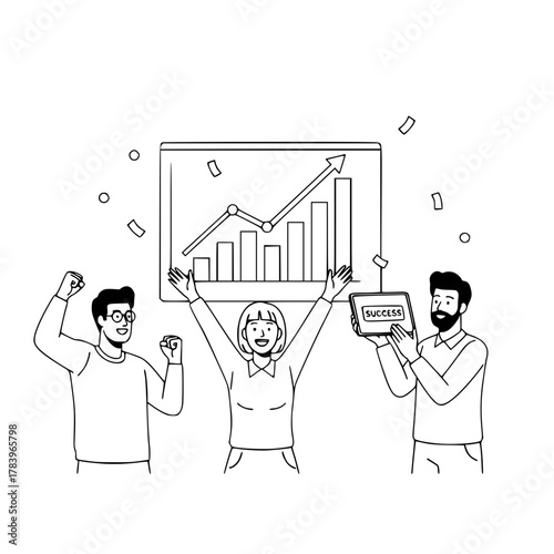 Happy business professionals celebrating project success with an upward trending chart and falling confetti on a clean landing page illustration