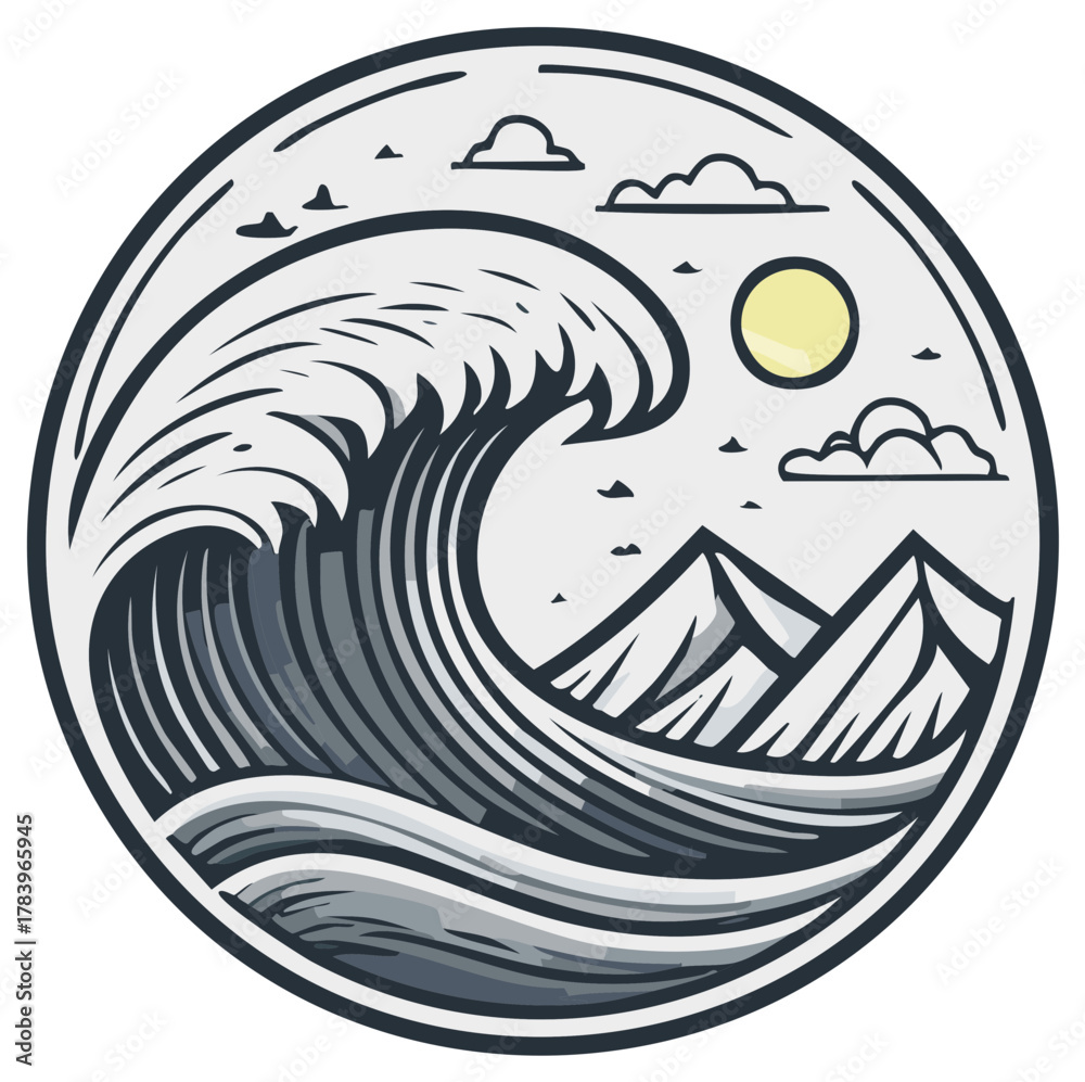 Fototapeta premium Stylized ocean wave with mountains and sun in a circular design
