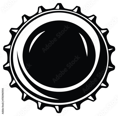 Black and white graphic of a bottle cap, clean design with serrated edge, simple vintage drink stopper
