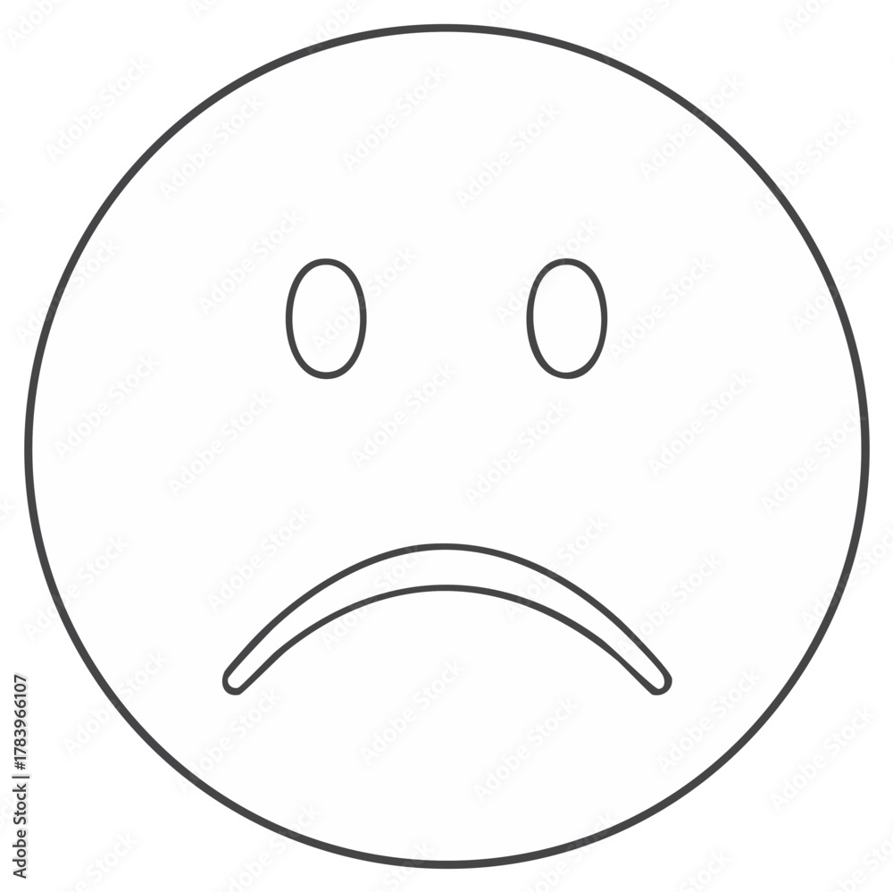 Fototapeta premium Minimalist black and white sad face emoticon outline representing sorrow, disappointment, and negative emotions.