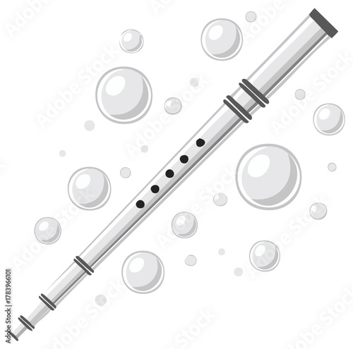 White recorder flute instrument with floating bubbles in a soft light setting