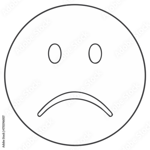 Minimalist black and white sad face emoticon outline representing sorrow, disappointment, and negative emotions.