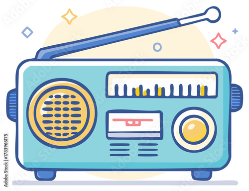 Cute retro portable radio receiver illustration with antenna and tuning dial