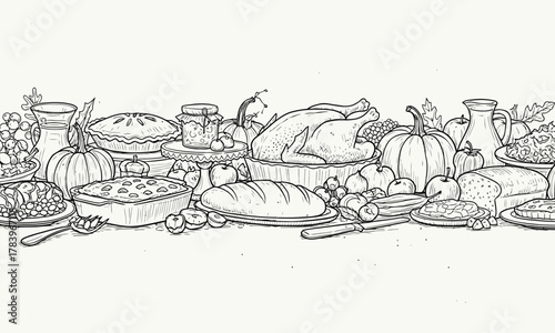 A delightful assortment of Thanksgiving foods and autumnal elements, hand-drawn in a vintage style
