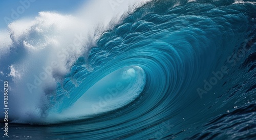 Fototapeta Naklejka Na Ścianę i Meble -  Powerful ocean wave curling into a perfect barrel. The raw force of nature and marine energy. Extreme surfing conditions and tropical sea scape. A visual metaphor for power and flow