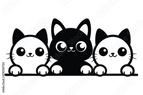 Three adorable cartoon cats peek over the edge, two white and one black, isolated