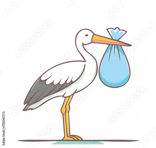 Cartoon Stork Carrying a Blue Bundle Delivers a Baby Announcement Card Graphic